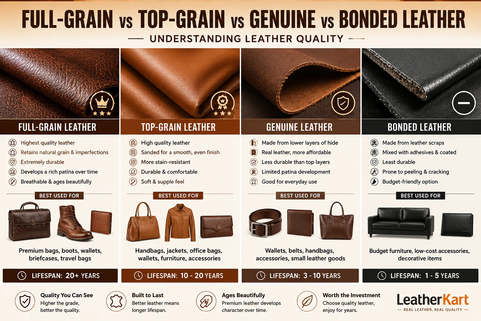 Full-Grain Leather vs Top-Grain Leather vs Genuine Leather vs Bonded Leather: Understanding Leather Quality