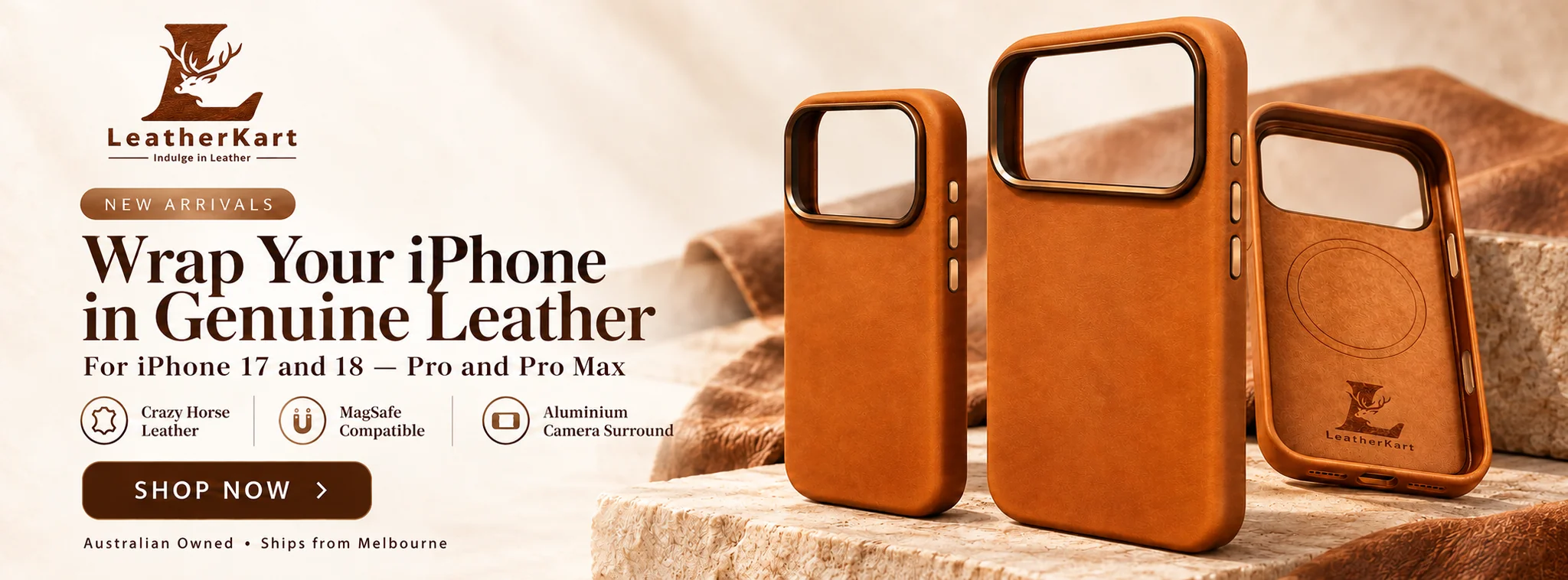 Leatherkart iphone 17 18 leather cases metallic buttons banner