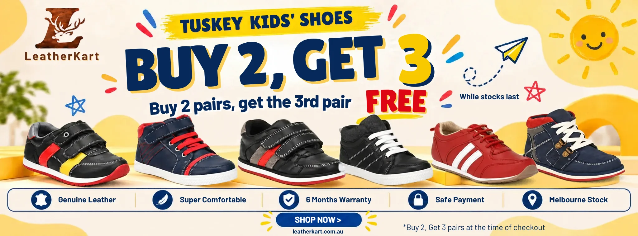 Tuskey kids leather shoes buy 2 get 3 free banner